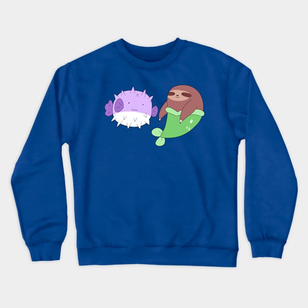 Puffer Fish and Mermaid Sloth Crewneck Sweatshirt by saradaboru